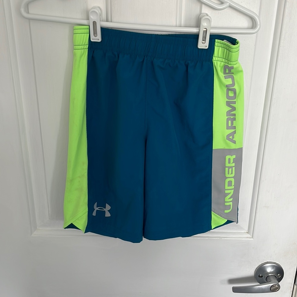 Boys blue and lime green under armour shorts size medium